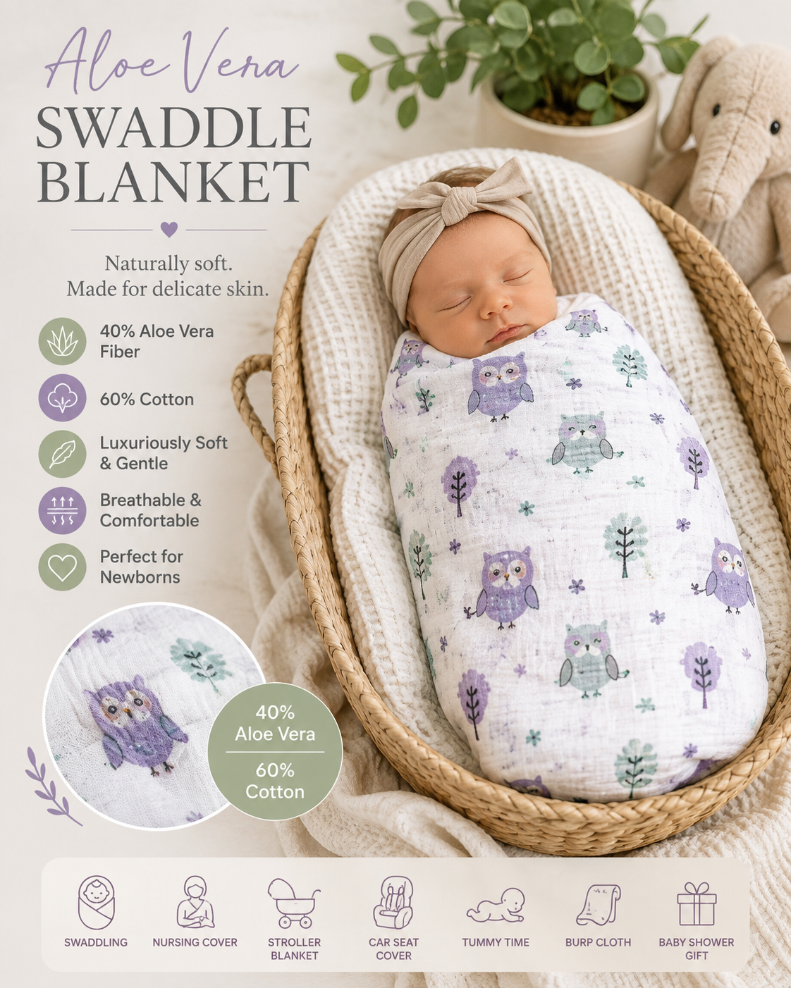 Aloe Vera Baby Swaddle Blanket – Owl Print
