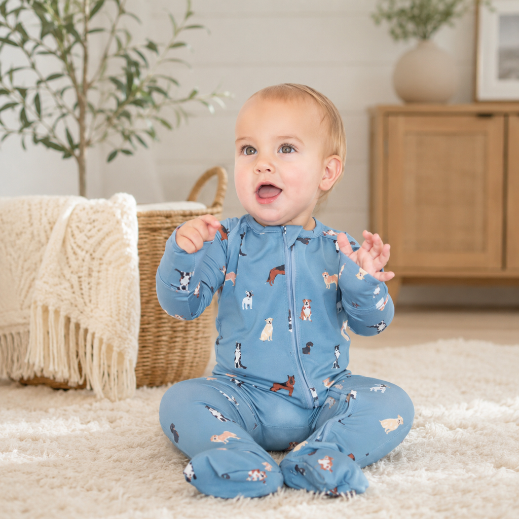 Bamboo Zip Convertible Romper – Blue Dog Baby Pajamas